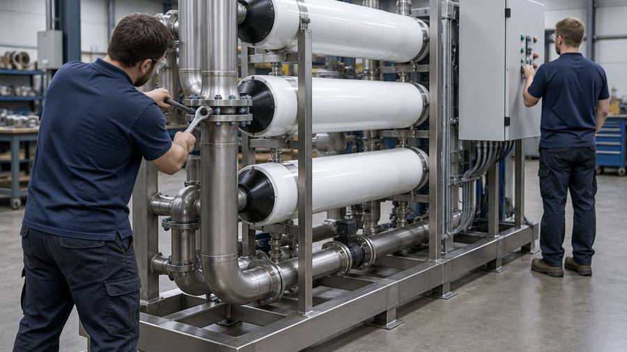 Two tradespeople in a workshop assembling stainless steel pipework and white filter vessels on a steel skid frame, one tightening a pipe joint and one at a control cabinet