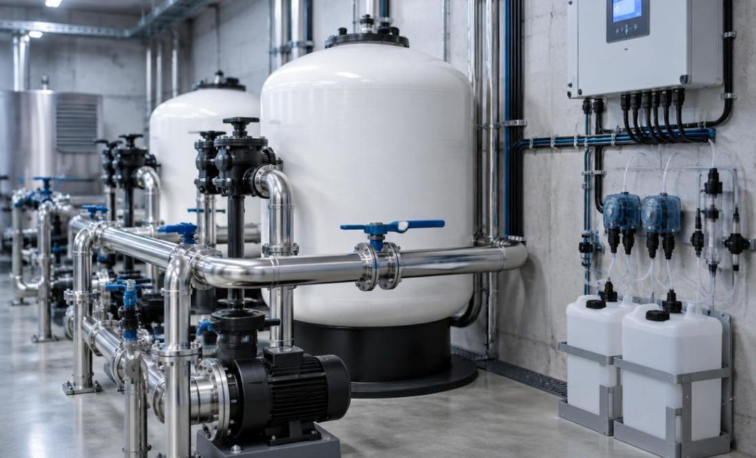 Pool plant room with stainless pipework, white filtration vessels, dosing tanks and a wall-mounted chemistry controller
